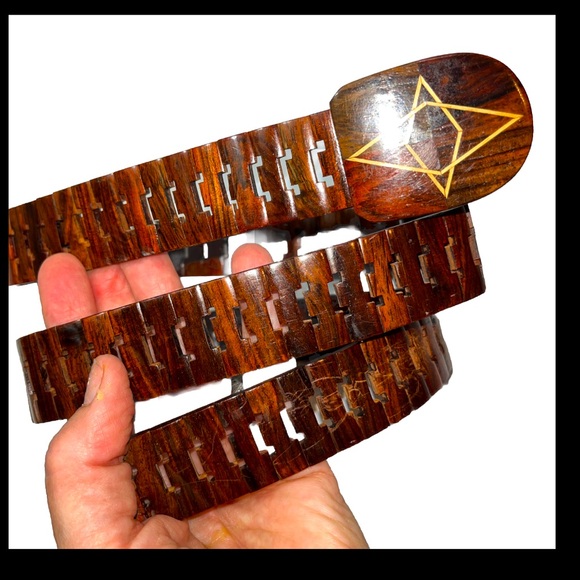 WOODEN brown hinged vintage 1970s Belt 38”long wooden Hook Buckle Glazed unisex - Picture 1 of 15